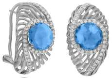 LARGE 4.92CT DIAMOND & AAA BLUE TOPAZ 14K WHITE GOLD 3D CUSHION & ROUND EARRINGS