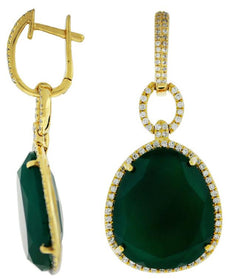 LARGE .60CT DIAMOND & AAA GREEN AGATE 14KT YELLOW GOLD OVAL FUN HANGING EARRINGS