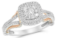 1.18CT DIAMOND 18KT WHITE & ROSE GOLD ROUND CLUSTER SQUARE DOUBLE HALO FUN RING