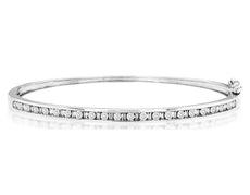1.0CT DIAMOND 14KT WHITE GOLD 3D ROUND & BAGUETTE SEMI ETERNITY BANGLE BRACELET