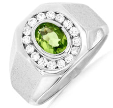 1.27CT DIAMOND & AAA PERIDOT 14K WHITE GOLD OVAL & ROUND MATTE & SHINY MENS RING