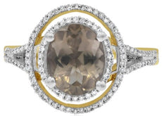 2.70CT DIAMOND & AAA SMOKY TOPAZ 14KT 2 TONE GOLD OVAL & ROUND DOUBLE HALO RING
