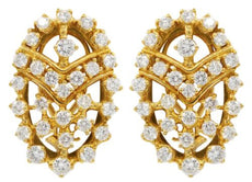 ESTATE 5.0CT DIAMOND 18KT YELLOW GOLD 3D FILIGREE OVAL CLIP ON EARRINGS