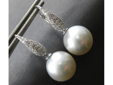 ESTATE LARGE .45CT DIAMOND & AAA SOUTH SEA PEARL 18K WHITE GOLD HANGING EARRINGS