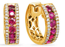 1.13CT DIAMOND & AAA RUBY 14KT YELLOW GOLD CLASSIC 3 ROW HUGGIE HANGING EARRINGS