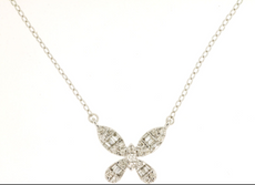ESTATE .15CT DIAMOND 14K WHITE GOLD 3D ROUND & BAGUETTE BUTTERFLY LOVE NECKLACE