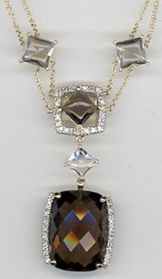 15.26CT DIAMOND & AAA SMOKY TOPAZ 14KT 2 TONE GOLD MULTI SHAPE LARIAT NECKLACE