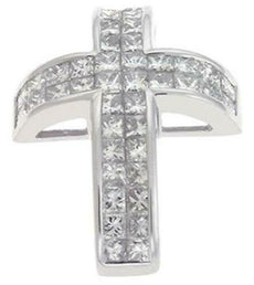 1.10CT DIAMOND 14KT WHITE GOLD PRINCESS INVISIBLE 2 ROW CROSS FLOATING PENDANT