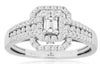 WIDE .77CT DIAMOND 14KT WHITE GOLD ROUND & BAGUETTE DOUBLE HALO ENGAGEMENT RING