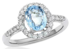 1.94CT DIAMOND & AAA AQUAMARINE 14K WHITE GOLD OVAL & ROUND HALO ENGAGEMENT RING