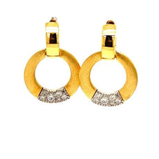 ESTATE .28CT DIAMOND 18KT 2 TONE GOLD 3D MATTE & SHINY CIRCULAR HANGING EARRINGS