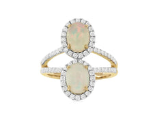 2.46CT DIAMOND & AAA OPAL 14KT YELLOW GOLD OVAL & ROUND DOUBLE FLOWER LOVE RING