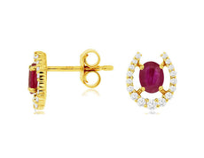 1.07CT DIAMOND & AAA RUBY 14KT YELLOW GOLD 3D OVAL HORSESHOE LUCKY STUD EARRINGS