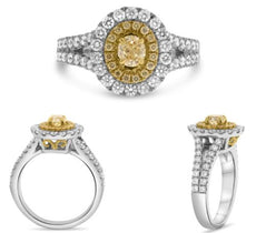 1.49CT WHITE & FANCY YELLOW DIAMOND 18K 2 TONE GOLD OVAL & ROUND ENGAGEMENT RING