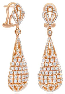 LARGE 2.24CT DIAMOND 18KT ROSE GOLD TEAR DROP FILIGREE CLIP ON HANGING EARRINGS