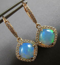 LARGE 4CT DIAMOND & AAA AUSTRALIAN OPAL 14KT ROSE GOLD CUSHION HANGING EARRINGS