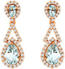 1.95CT DIAMOND & AAA AQUAMARINE 14KT ROSE GOLD PEAR SHAPE HALO HANGING EARRINGS