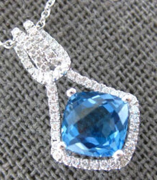 1.92CT DIAMOND & AAA BLUE TOPAZ 14KT WHITE GOLD CUSHION & ROUND FLOATING PENDANT