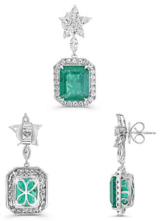 LARGE 17.97CT DIAMOND & AAA EMERALD 18K WHITE GOLD SQUARE STAR HANGING EARRINGS