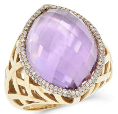 17.88CT DIAMOND & AAA PINK AMETHYST 14KT YELLOW GOLD DOME SHAPE CRISS CROSS RING