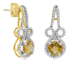 LARGE 1.83CT DIAMOND & AAA CITRINE 14KT 2 TONE GOLD FLORAL FUN HANGING EARRINGS