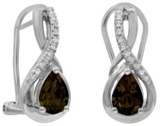 1.30CT DIAMOND & AAA SMOKY QUARTZ 14KT WHITE GOLD 3D ROUND & PEAR SHAPE EARRINGS