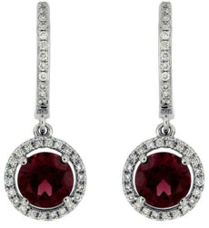 2.46CT DIAMOND & RHODOLITE 14KT WHITE GOLD CLASSIC ROUND HALO HANGING EARRINGS