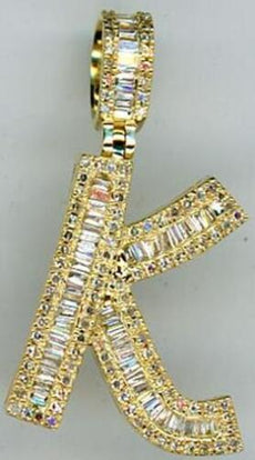 .55CT DIAMOND 14K YELLOW GOLD 3D ROUND & BAGUETTE K INITIAL FUN FLOATING PENDANT