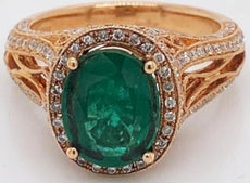 3.33CT DIAMOND & AAA EMERALD 14K ROSE GOLD OVAL & ROUND FILIGREE ENGAGEMENT RING