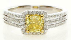 1.35CT WHITE & FANCY YELLOW DIAMOND 18KT 2 TONE GOLD 3D CUSHION ENGAGEMENT RING