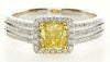 1.35CT WHITE & FANCY YELLOW DIAMOND 18KT 2 TONE GOLD 3D CUSHION ENGAGEMENT RING