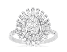 .92CT DIAMOND 14KT WHITE GOLD ROUND & BAGUETTE CLUSTER OVAL BALLERINA LOVE RING