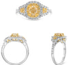 WIDE 1.4CT WHITE & FANCY YELLOW DIAMOND 18KT 2 TONE GOLD 3D CUSHION & ROUND RING