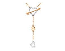 .25CT DIAMOND 14KT WHITE & ROSE GOLD 3D ROUND DOUBLE HEART LARIAT LOVE NECKLACE