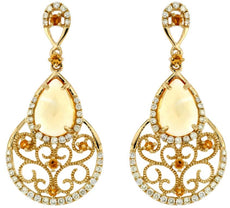 3.5CT DIAMOND & AAA CITRINE 14KT YELLOW GOLD FILIGREE TEAR DROP HANGING EARRINGS