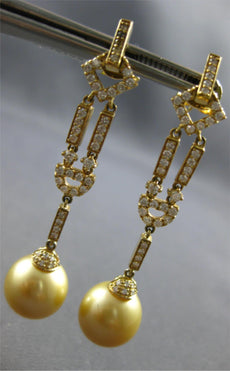 LARGE & LONG .76CT DIAMOND & AAA GOLDEN SOUTH SEA PEARL 18K YELLOW GOLD EARRINGS