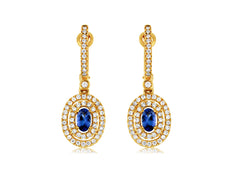 1.05CT DIAMOND & AAA TANZANITE 14K YELLOW GOLD OVAL & ROUND DOUBLE HALO EARRINGS