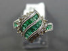 ESTATE WIDE 1.18CT DIAMOND & AAA EMERALD 14KT WHITE GOLD 3D LEAF MULTI WAVE RING