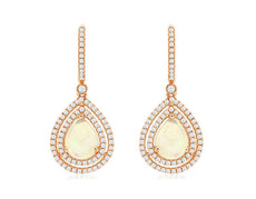 3.25CT DIAMOND & AAA OPAL 14KT ROSE GOLD PEAR SHAPE & ROUND DOUBLE HALO EARRINGS