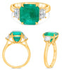 LARGE 5.59CT DIAMOND & AAA EMERALD 18KT YELLOW GOLD 3D EMERALD CUT 3 STONE RING