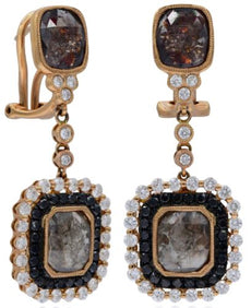 LARGE 6.93CT WHITE BLACK & ICE DIAMOND 18KT ROSE GOLD FILIGREE HANGING EARRINGS