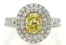 1.77CT WHITE & FANCY YELLOW DIAMOND 18KT 2 TONE GOLD DOUBLE HALO ENGAGEMENT RING