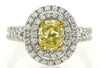 1.77CT WHITE & FANCY YELLOW DIAMOND 18KT 2 TONE GOLD DOUBLE HALO ENGAGEMENT RING