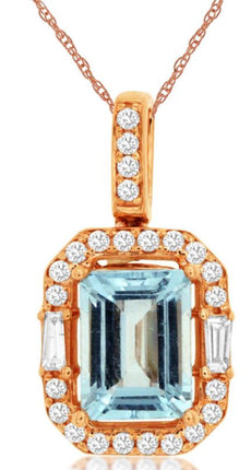 1.67CT DIAMOND & AAA AQUAMARINE 14KT ROSE GOLD 3D EMERALD CUT & ROUND PENDANT
