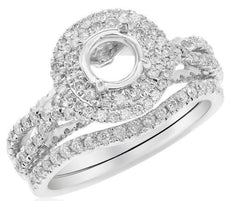 1.12CT DIAMOND 14KT WHITE GOLD ROUND DOUBLE HALO SEMI MOUNT ENGAGEMENT RING SET