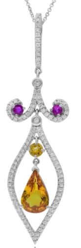 2.56CT DIAMOND & AAA PINK & YELLOW SAPPHIRE 14KT WHITE GOLD 3D TEAR DROP PENDANT