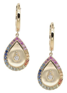 ESTATE .50CT DIAMOND & AAA MULTI COLOR SAPPHIRE 14K YELLOW GOLD HANGING EARRINGS
