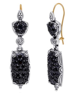 BLACK SPINEL 18KT YELLOW GOLD & 925 SILVER PAVE SQUARE FILIGREE HANGING EARRINGS