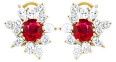 5.65CT DIAMOND & AAA RUBY 18KT YELLOW GOLD OVAL & ROUND MARQUISE FLOWER EARRINGS
