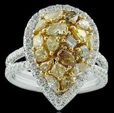 2.65CT WHITE & FANCY YELLOW DIAMOND 18KT 2 TONE GOLD 3D PEAR SHAPE COCKTAIL RING